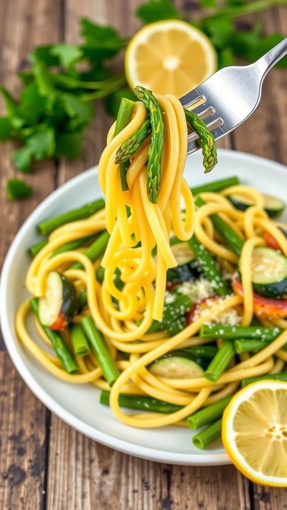 Lemon garlic asparagus zucchini pasta garnished with parsley and Parmesan on a rustic table.